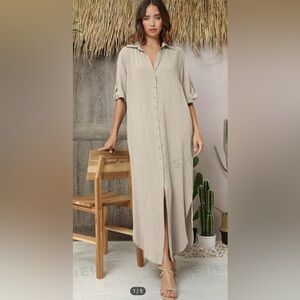 Beige maxi short sleeve chill shirt dress size xs loose fit